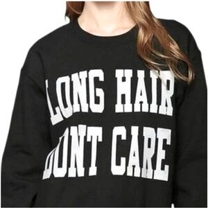 LUNCHBOXX “Long Hair Don't Care” Oversized Black Crewneck Sweater GUC